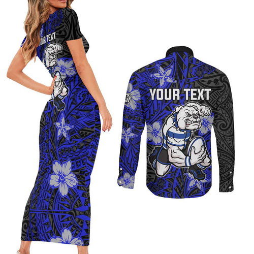 Personalised Canterbury-Bankstown Bulldogs Couples Matching Short Sleeve Bodycon Dress and Long Sleeve Button Shirt Polynesian Tribal Pattern With Rugby Bulldog Mascot Art