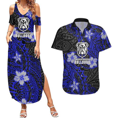 Personalised Canterbury-Bankstown Bulldogs Couples Matching Summer Maxi Dress and Hawaiian Shirt Polynesian Tribal Pattern With Rugby Bulldog Mascot Art