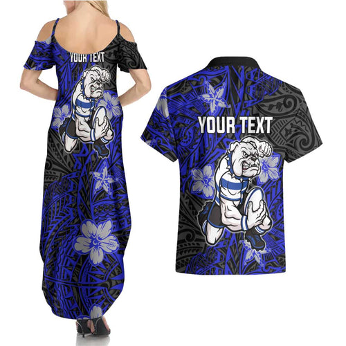 Personalised Canterbury-Bankstown Bulldogs Couples Matching Summer Maxi Dress and Hawaiian Shirt Polynesian Tribal Pattern With Rugby Bulldog Mascot Art