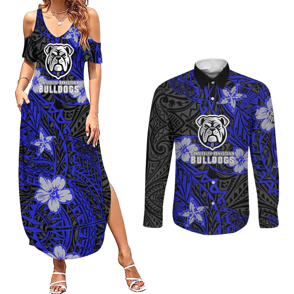 Personalised Canterbury-Bankstown Bulldogs Couples Matching Summer Maxi Dress and Long Sleeve Button Shirt Polynesian Tribal Pattern With Rugby Bulldog Mascot Art