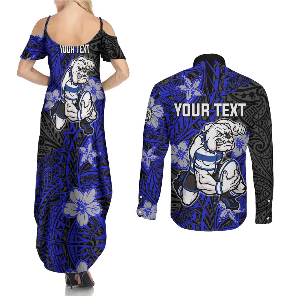 Personalised Canterbury-Bankstown Bulldogs Couples Matching Summer Maxi Dress and Long Sleeve Button Shirt Polynesian Tribal Pattern With Rugby Bulldog Mascot Art