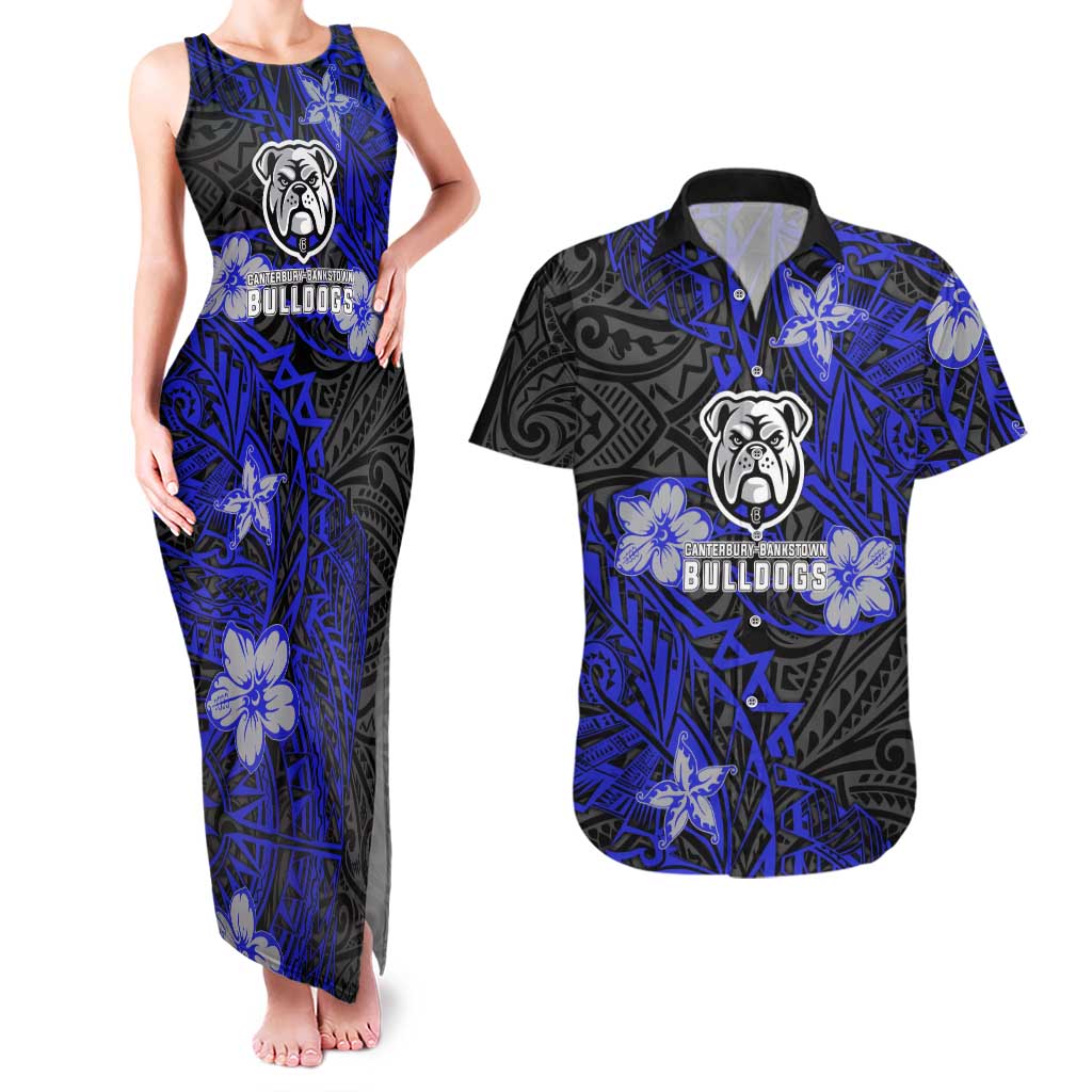 Personalised Canterbury-Bankstown Bulldogs Couples Matching Tank Maxi Dress and Hawaiian Shirt Polynesian Tribal Pattern With Rugby Bulldog Mascot Art