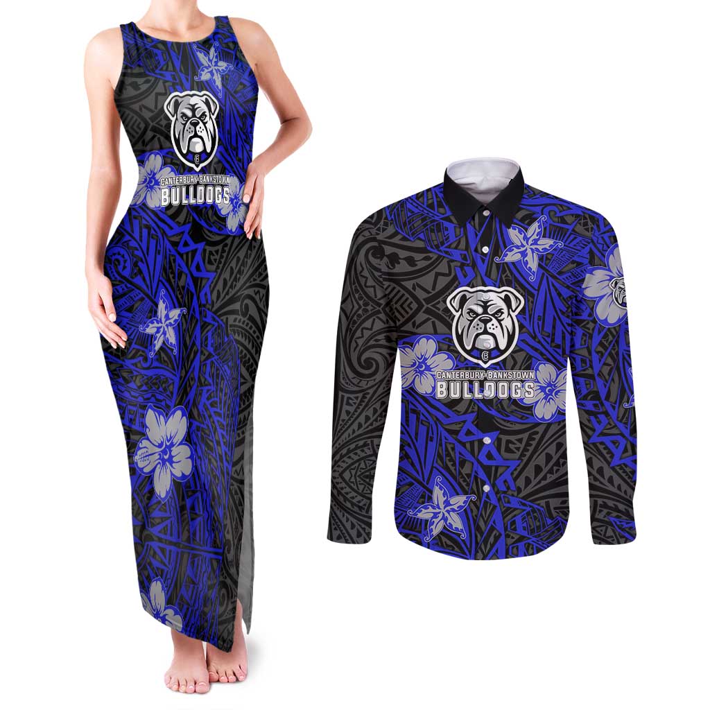 Personalised Canterbury-Bankstown Bulldogs Couples Matching Tank Maxi Dress and Long Sleeve Button Shirt Polynesian Tribal Pattern With Rugby Bulldog Mascot Art