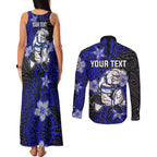 Personalised Canterbury-Bankstown Bulldogs Couples Matching Tank Maxi Dress and Long Sleeve Button Shirt Polynesian Tribal Pattern With Rugby Bulldog Mascot Art