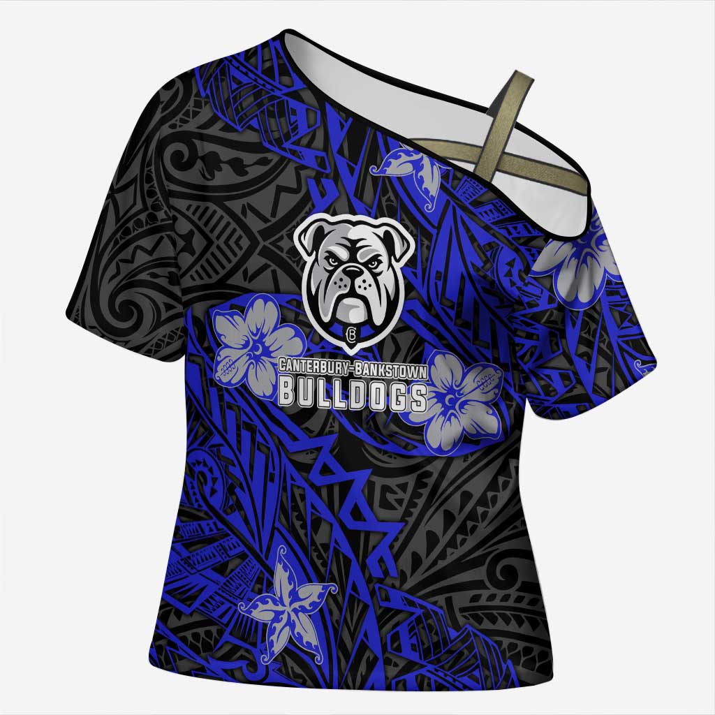 Personalised Canterbury-Bankstown Bulldogs Cross Shoulder Shirt Polynesian Tribal Pattern With Rugby Bulldog Mascot Art