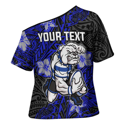Personalised Canterbury-Bankstown Bulldogs Cross Shoulder Shirt Polynesian Tribal Pattern With Rugby Bulldog Mascot Art