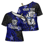 Personalised Canterbury-Bankstown Bulldogs Cross Shoulder Shirt Polynesian Tribal Pattern With Rugby Bulldog Mascot Art