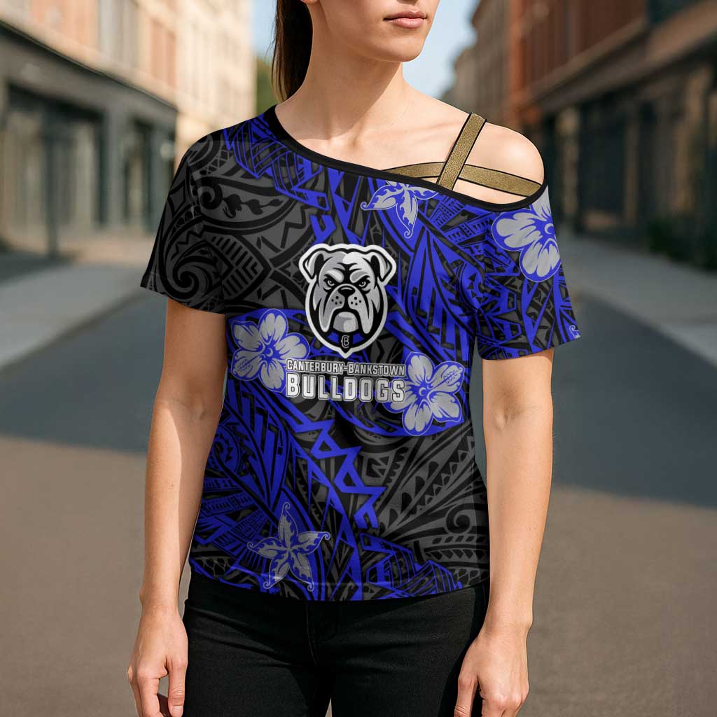Personalised Canterbury-Bankstown Bulldogs Cross Shoulder Shirt Polynesian Tribal Pattern With Rugby Bulldog Mascot Art