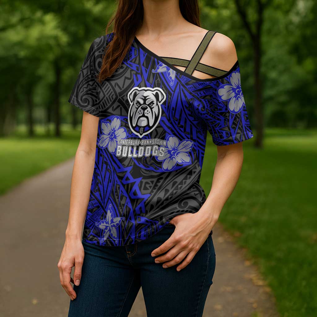 Personalised Canterbury-Bankstown Bulldogs Cross Shoulder Shirt Polynesian Tribal Pattern With Rugby Bulldog Mascot Art