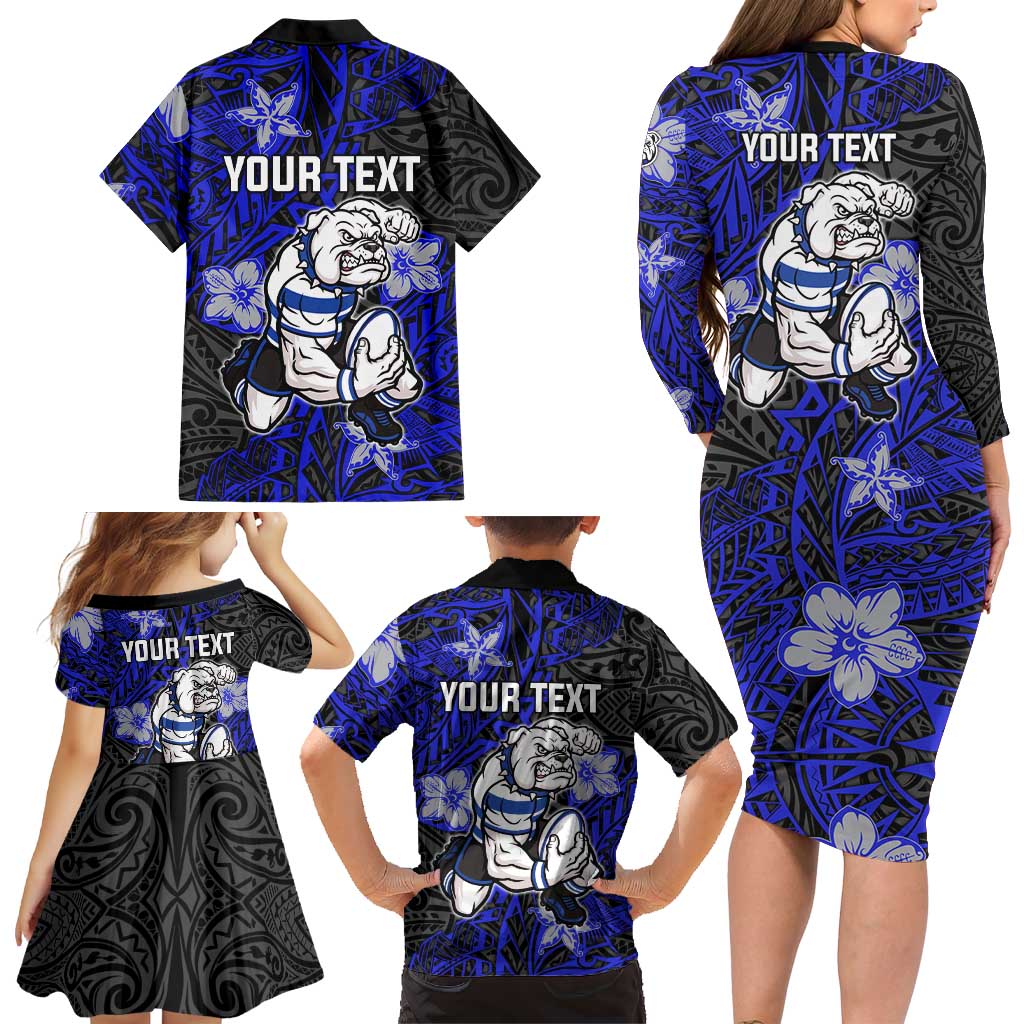 Personalised Canterbury-Bankstown Bulldogs Family Matching Long Sleeve Bodycon Dress and Hawaiian Shirt Polynesian Tribal Pattern With Rugby Bulldog Mascot Art