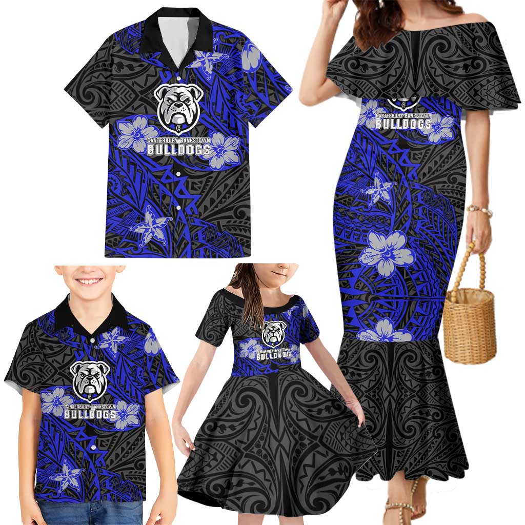 Personalised Canterbury-Bankstown Bulldogs Family Matching Mermaid Dress and Hawaiian Shirt Polynesian Tribal Pattern With Rugby Bulldog Mascot Art