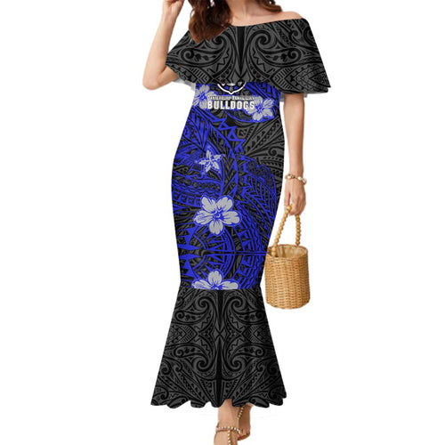 Personalised Canterbury-Bankstown Bulldogs Family Matching Mermaid Dress and Hawaiian Shirt Polynesian Tribal Pattern With Rugby Bulldog Mascot Art