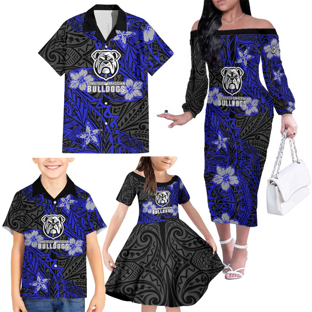 Personalised Canterbury-Bankstown Bulldogs Family Matching Off The Shoulder Long Sleeve Dress and Hawaiian Shirt Polynesian Tribal Pattern With Rugby Bulldog Mascot Art