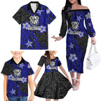 Personalised Canterbury-Bankstown Bulldogs Family Matching Off The Shoulder Long Sleeve Dress and Hawaiian Shirt Polynesian Tribal Pattern With Rugby Bulldog Mascot Art