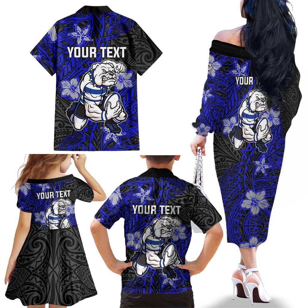 Personalised Canterbury-Bankstown Bulldogs Family Matching Off The Shoulder Long Sleeve Dress and Hawaiian Shirt Polynesian Tribal Pattern With Rugby Bulldog Mascot Art