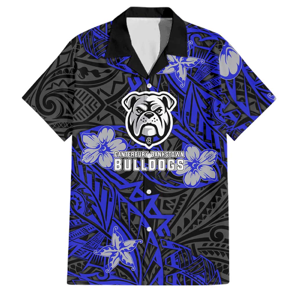 Personalised Canterbury-Bankstown Bulldogs Family Matching Off The Shoulder Long Sleeve Dress and Hawaiian Shirt Polynesian Tribal Pattern With Rugby Bulldog Mascot Art