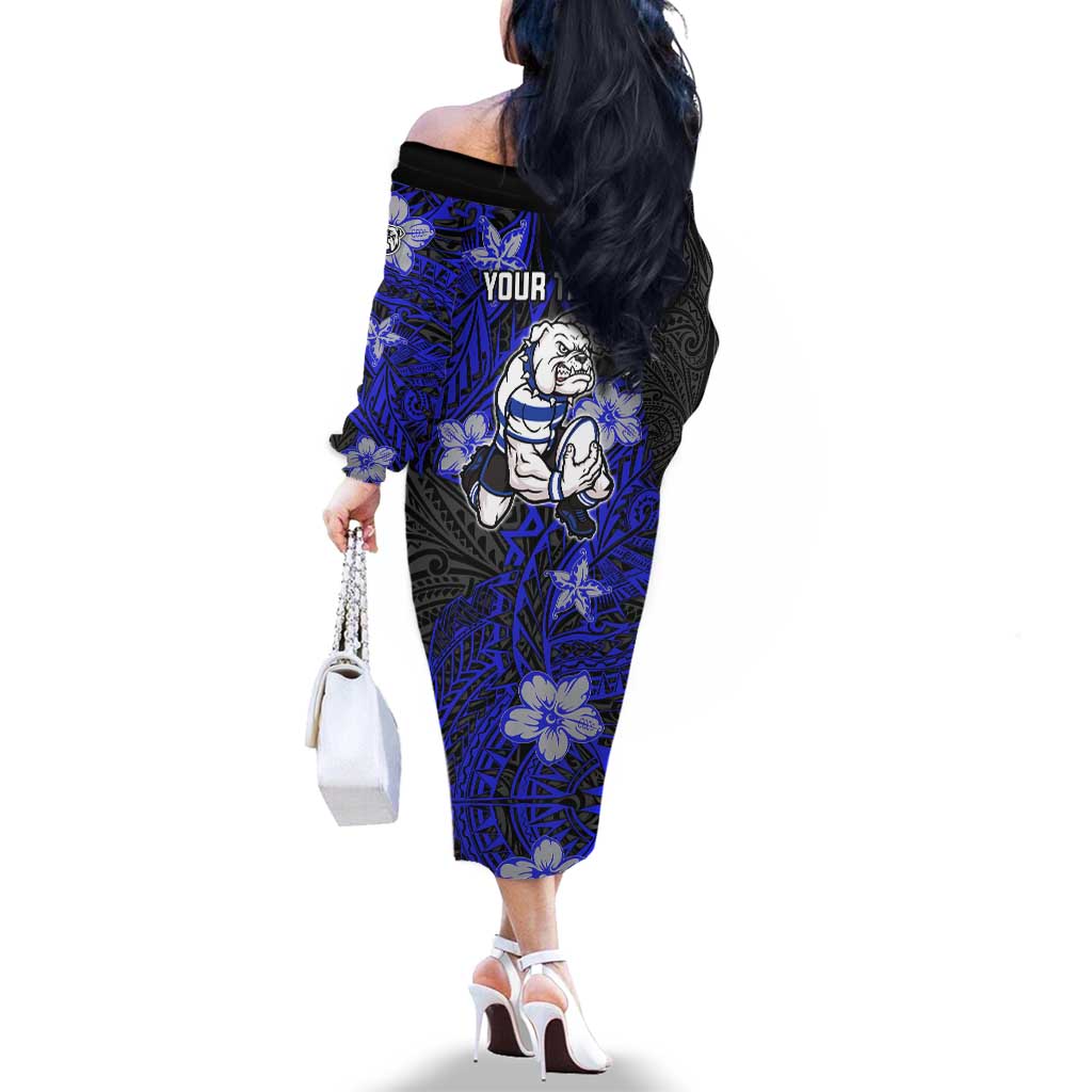 Personalised Canterbury-Bankstown Bulldogs Family Matching Off The Shoulder Long Sleeve Dress and Hawaiian Shirt Polynesian Tribal Pattern With Rugby Bulldog Mascot Art