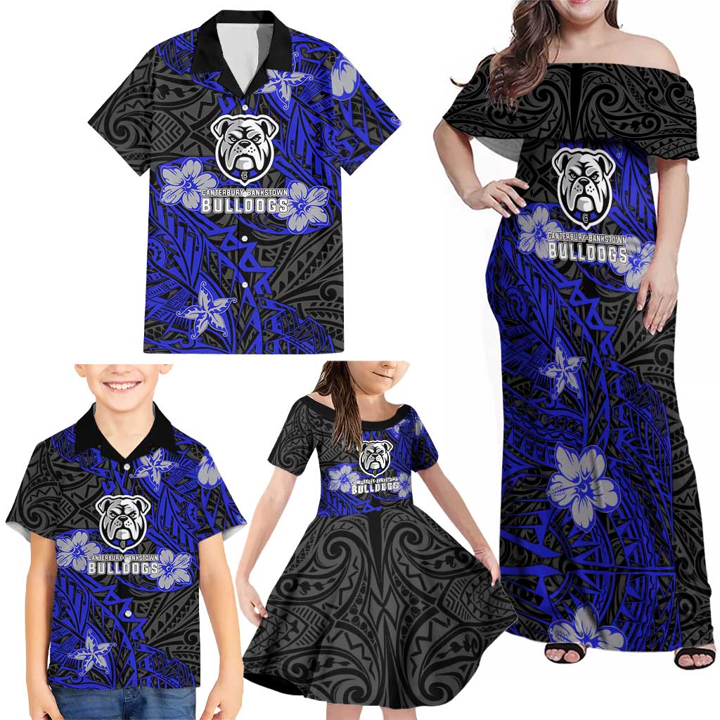 Personalised Canterbury-Bankstown Bulldogs Family Matching Off Shoulder Maxi Dress and Hawaiian Shirt Polynesian Tribal Pattern With Rugby Bulldog Mascot Art