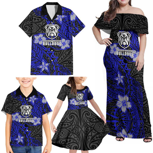 Personalised Canterbury-Bankstown Bulldogs Family Matching Off Shoulder Maxi Dress and Hawaiian Shirt Polynesian Tribal Pattern With Rugby Bulldog Mascot Art
