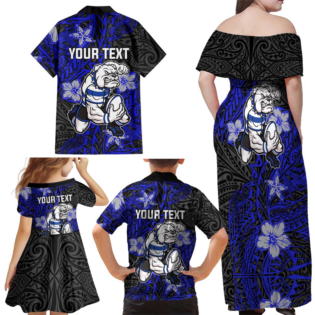 Personalised Canterbury-Bankstown Bulldogs Family Matching Off Shoulder Maxi Dress and Hawaiian Shirt Polynesian Tribal Pattern With Rugby Bulldog Mascot Art