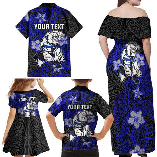 Personalised Canterbury-Bankstown Bulldogs Family Matching Off Shoulder Maxi Dress and Hawaiian Shirt Polynesian Tribal Pattern With Rugby Bulldog Mascot Art