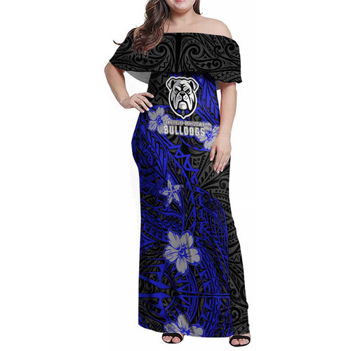 Personalised Canterbury-Bankstown Bulldogs Family Matching Off Shoulder Maxi Dress and Hawaiian Shirt Polynesian Tribal Pattern With Rugby Bulldog Mascot Art