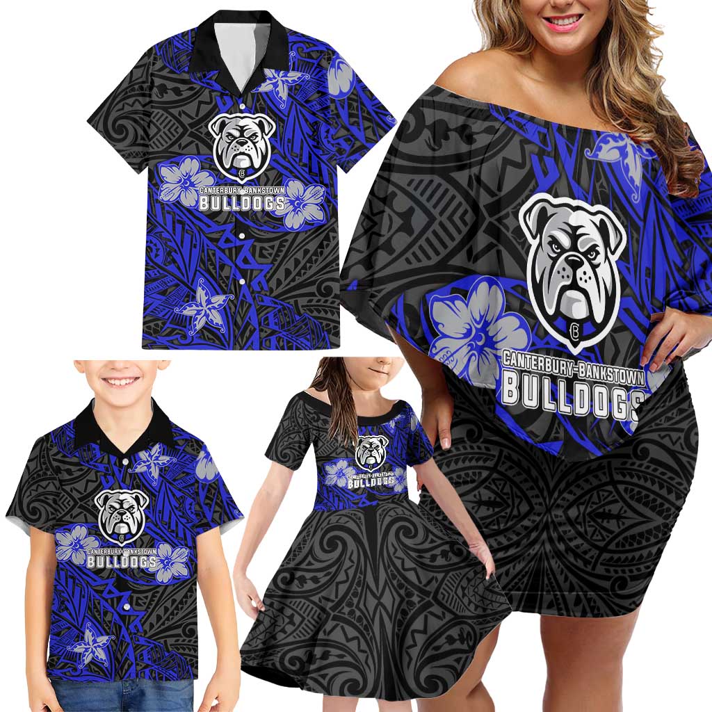 Personalised Canterbury-Bankstown Bulldogs Family Matching Off Shoulder Short Dress and Hawaiian Shirt Polynesian Tribal Pattern With Rugby Bulldog Mascot Art