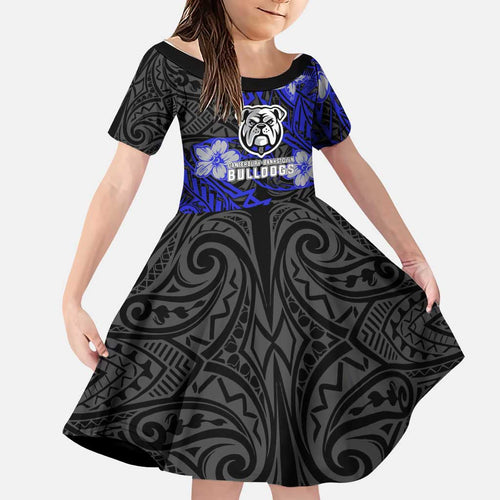 Personalised Canterbury-Bankstown Bulldogs Family Matching Off Shoulder Short Dress and Hawaiian Shirt Polynesian Tribal Pattern With Rugby Bulldog Mascot Art
