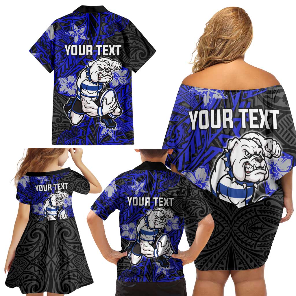 Personalised Canterbury-Bankstown Bulldogs Family Matching Off Shoulder Short Dress and Hawaiian Shirt Polynesian Tribal Pattern With Rugby Bulldog Mascot Art