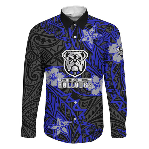 Personalised Canterbury-Bankstown Bulldogs Family Matching Off Shoulder Short Dress and Hawaiian Shirt Polynesian Tribal Pattern With Rugby Bulldog Mascot Art