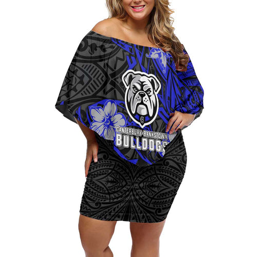 Personalised Canterbury-Bankstown Bulldogs Family Matching Off Shoulder Short Dress and Hawaiian Shirt Polynesian Tribal Pattern With Rugby Bulldog Mascot Art