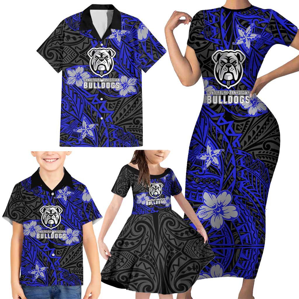 Personalised Canterbury-Bankstown Bulldogs Family Matching Short Sleeve Bodycon Dress and Hawaiian Shirt Polynesian Tribal Pattern With Rugby Bulldog Mascot Art