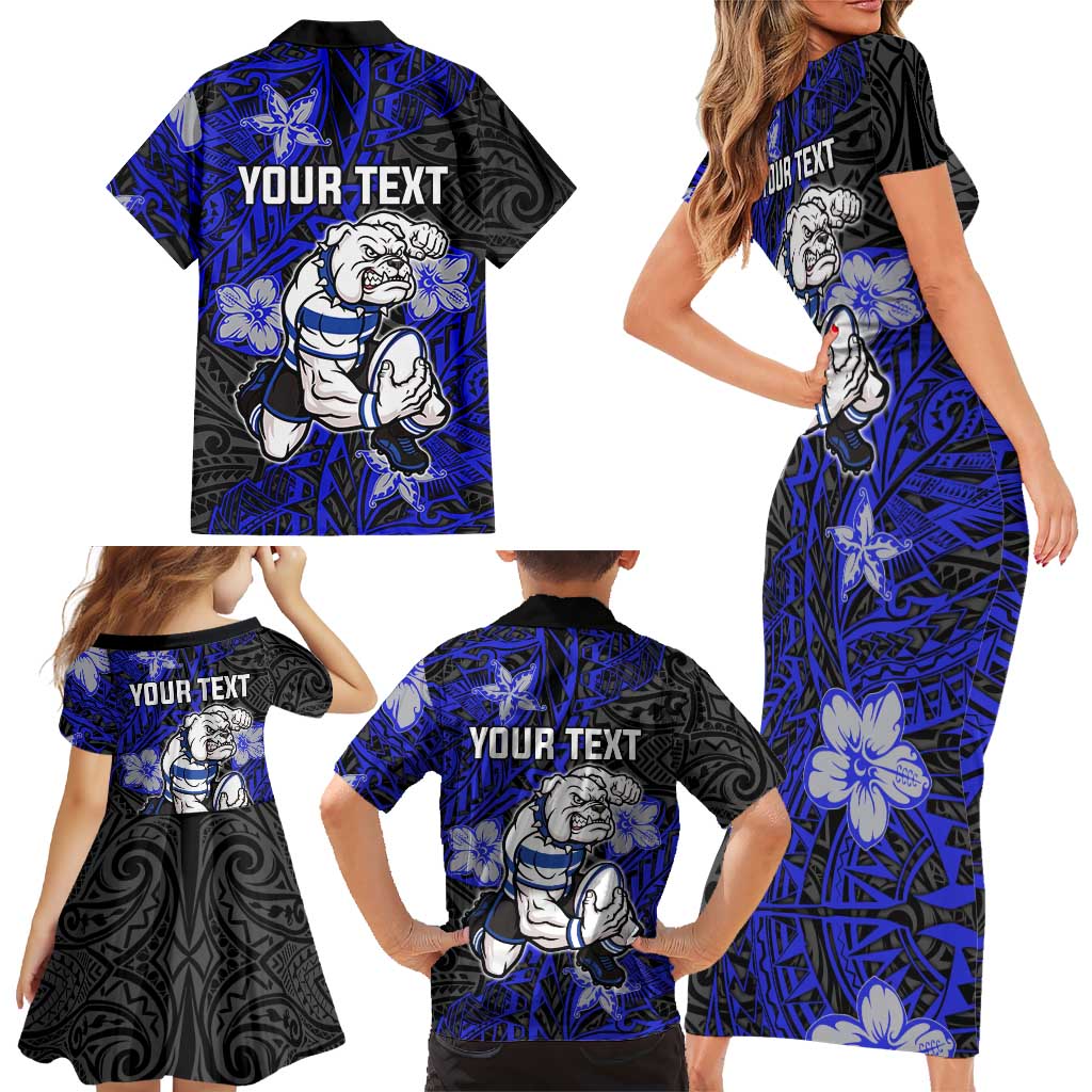 Personalised Canterbury-Bankstown Bulldogs Family Matching Short Sleeve Bodycon Dress and Hawaiian Shirt Polynesian Tribal Pattern With Rugby Bulldog Mascot Art