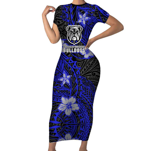 Personalised Canterbury-Bankstown Bulldogs Family Matching Short Sleeve Bodycon Dress and Hawaiian Shirt Polynesian Tribal Pattern With Rugby Bulldog Mascot Art