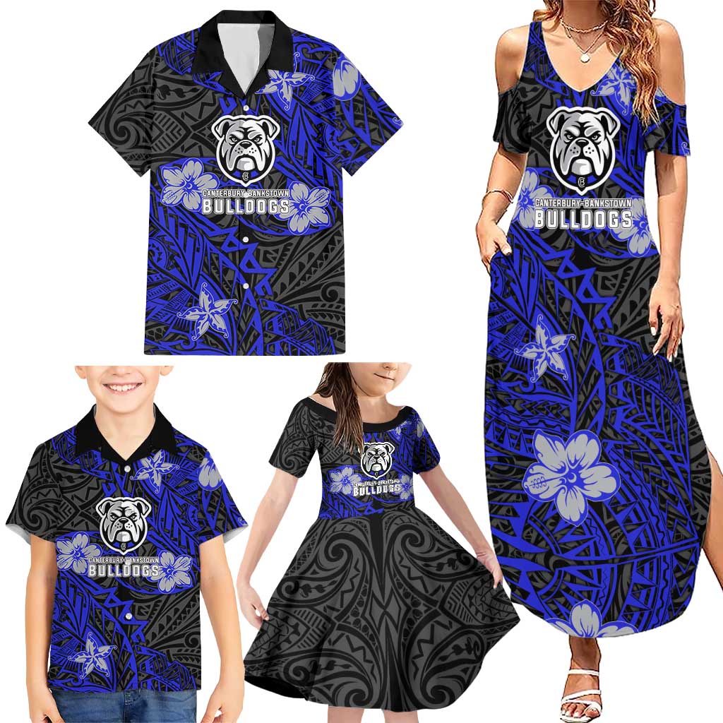 Personalised Canterbury-Bankstown Bulldogs Family Matching Summer Maxi Dress and Hawaiian Shirt Polynesian Tribal Pattern With Rugby Bulldog Mascot Art