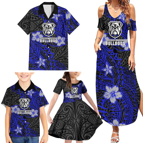 Personalised Canterbury-Bankstown Bulldogs Family Matching Summer Maxi Dress and Hawaiian Shirt Polynesian Tribal Pattern With Rugby Bulldog Mascot Art
