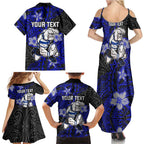 Personalised Canterbury-Bankstown Bulldogs Family Matching Summer Maxi Dress and Hawaiian Shirt Polynesian Tribal Pattern With Rugby Bulldog Mascot Art