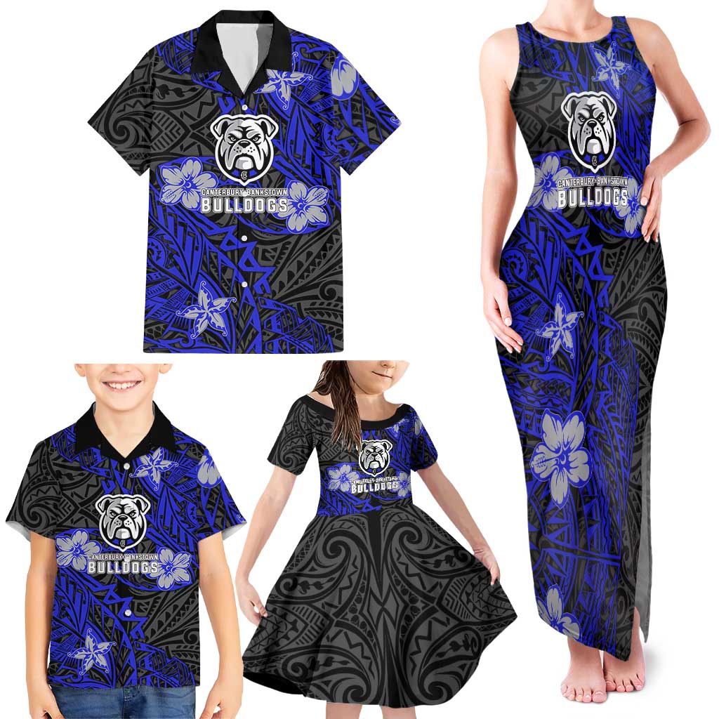 Personalised Canterbury-Bankstown Bulldogs Family Matching Tank Maxi Dress and Hawaiian Shirt Polynesian Tribal Pattern With Rugby Bulldog Mascot Art