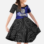 Personalised Canterbury-Bankstown Bulldogs Kid Short Sleeve Dress Polynesian Tribal Pattern With Rugby Bulldog Mascot Art