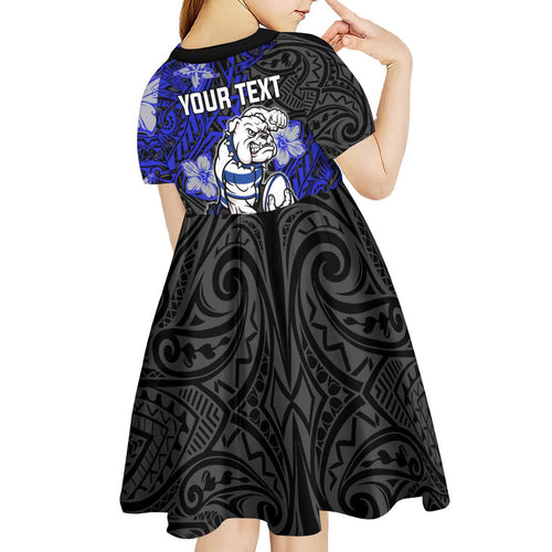 Personalised Canterbury-Bankstown Bulldogs Kid Short Sleeve Dress Polynesian Tribal Pattern With Rugby Bulldog Mascot Art