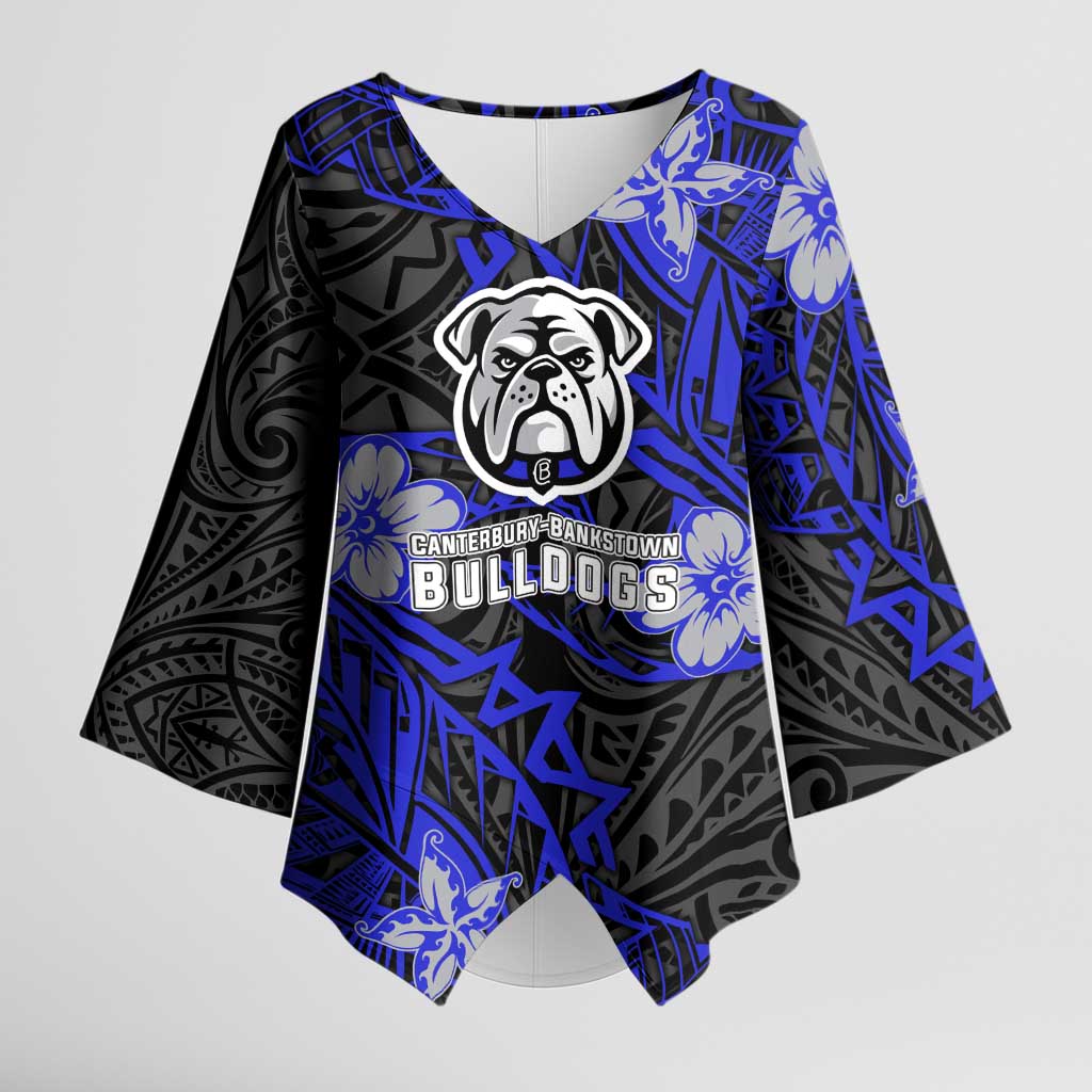 Personalised Canterbury-Bankstown Bulldogs Kimono Sleeve Blouse Polynesian Tribal Pattern With Rugby Bulldog Mascot Art
