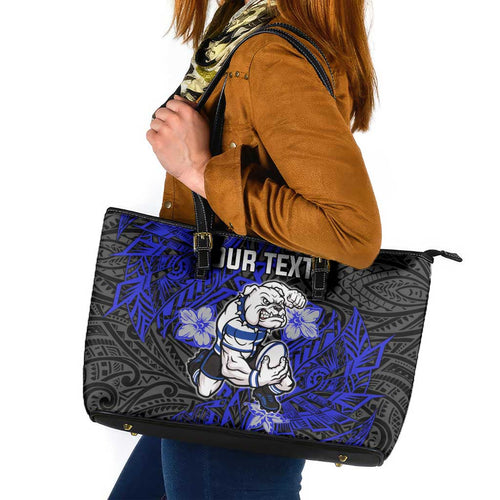 Personalised Canterbury-Bankstown Bulldogs Leather Tote Bag Polynesian Tribal Pattern With Rugby Bulldog Mascot Art