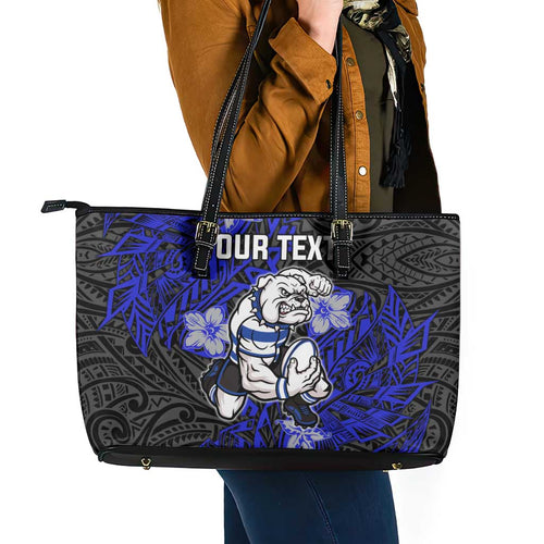 Personalised Canterbury-Bankstown Bulldogs Leather Tote Bag Polynesian Tribal Pattern With Rugby Bulldog Mascot Art