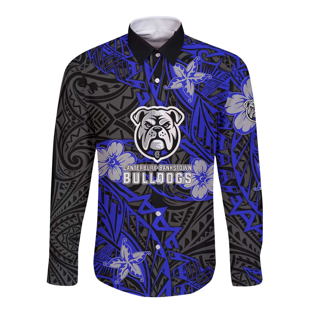 Personalised Canterbury-Bankstown Bulldogs Long Sleeve Button Shirt Polynesian Tribal Pattern With Rugby Bulldog Mascot Art