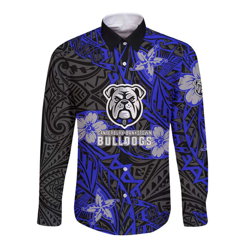 Personalised Canterbury-Bankstown Bulldogs Long Sleeve Button Shirt Polynesian Tribal Pattern With Rugby Bulldog Mascot Art