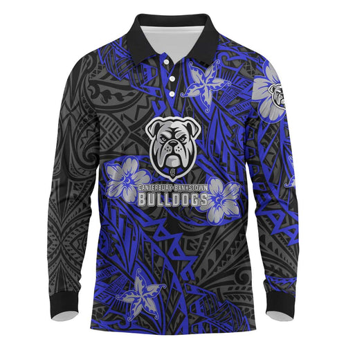 Personalised Canterbury-Bankstown Bulldogs Long Sleeve Polo Shirt Polynesian Tribal Pattern With Rugby Bulldog Mascot Art