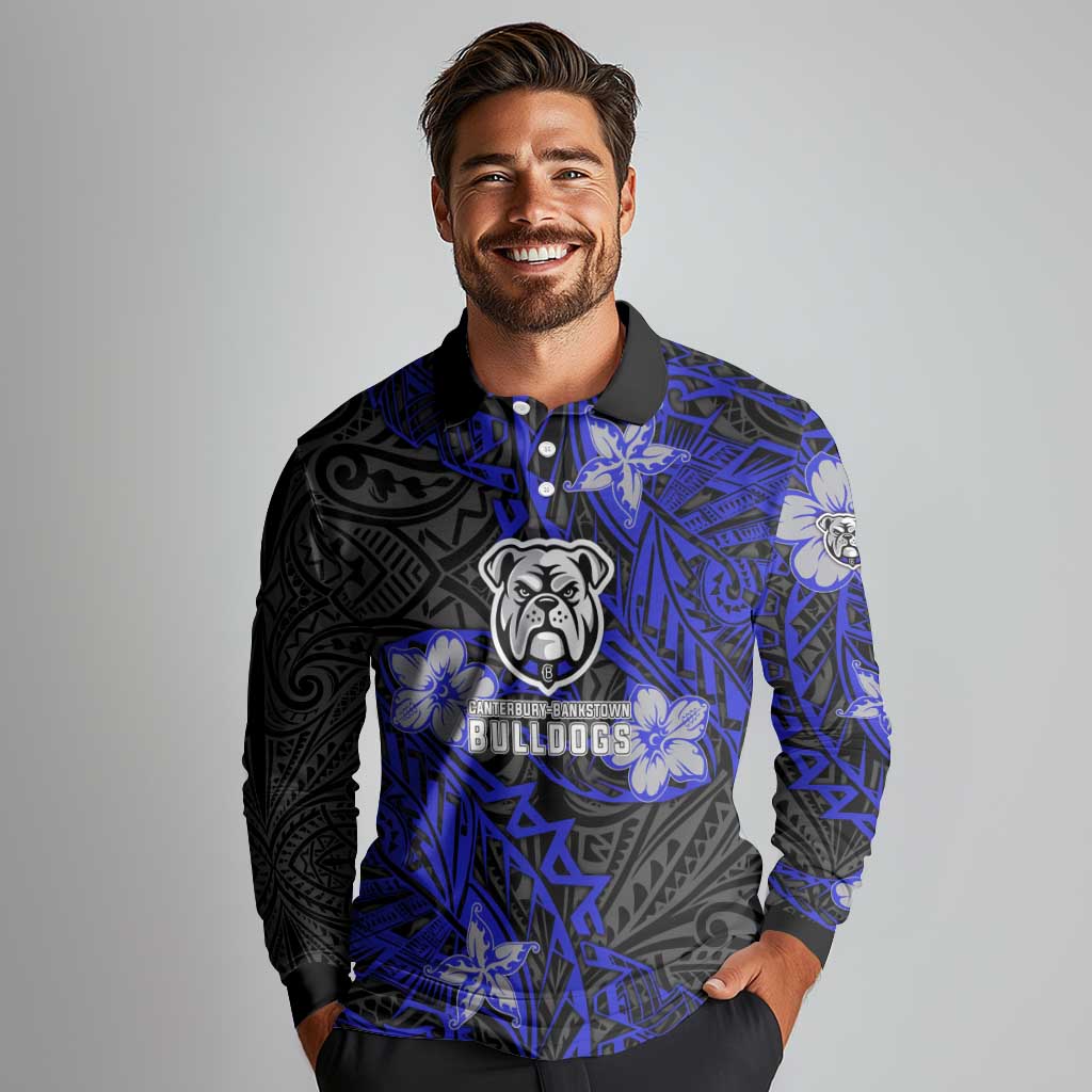 Personalised Canterbury-Bankstown Bulldogs Long Sleeve Polo Shirt Polynesian Tribal Pattern With Rugby Bulldog Mascot Art