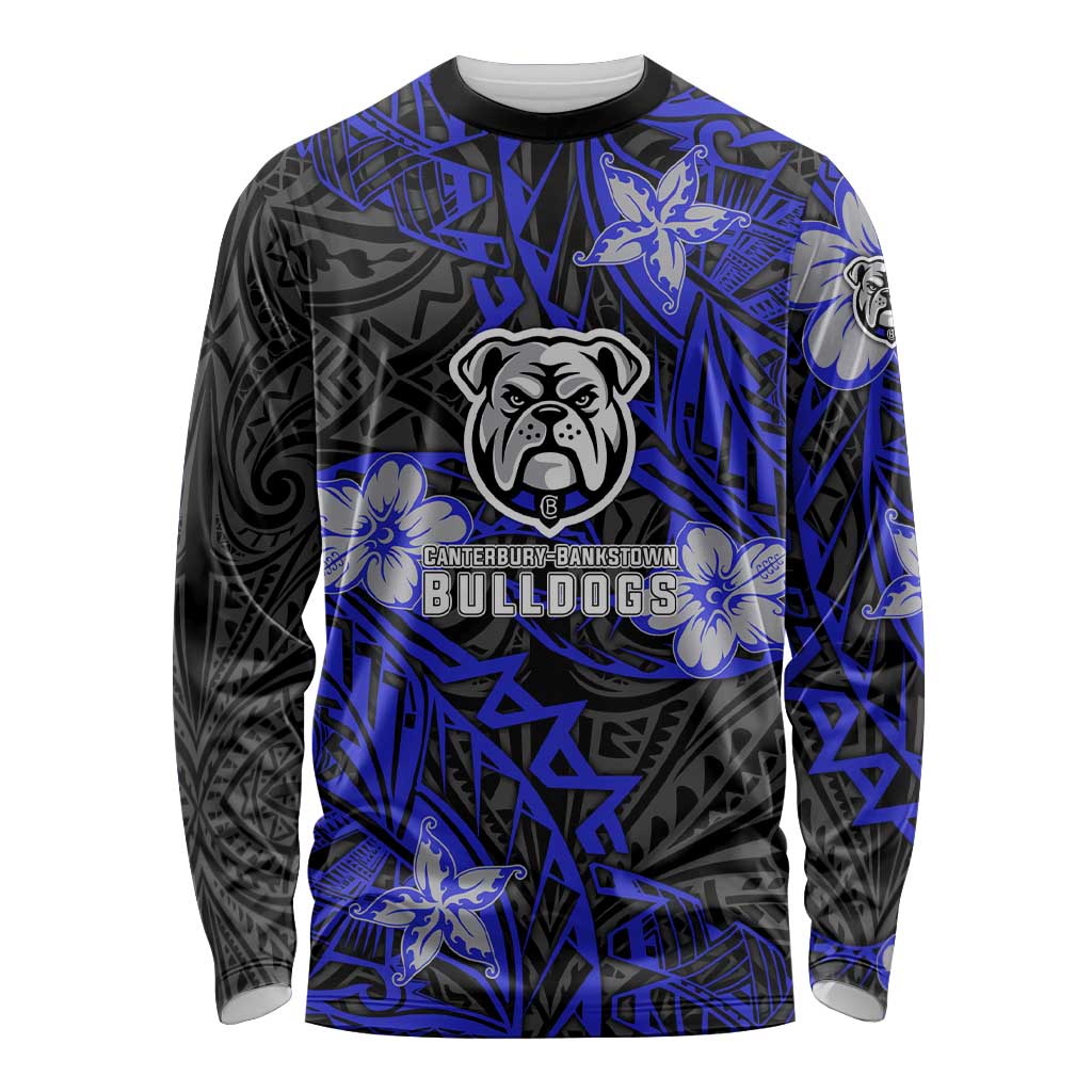 Personalised Canterbury-Bankstown Bulldogs Long Sleeve Shirt Polynesian Tribal Pattern With Rugby Bulldog Mascot Art