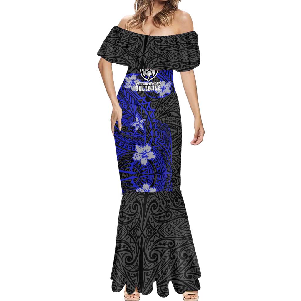 Personalised Canterbury-Bankstown Bulldogs Mermaid Dress Polynesian Tribal Pattern With Rugby Bulldog Mascot Art