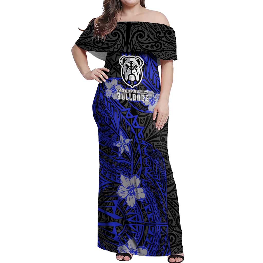 Personalised Canterbury-Bankstown Bulldogs Off Shoulder Maxi Dress Polynesian Tribal Pattern With Rugby Bulldog Mascot Art